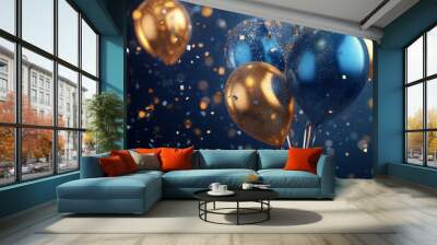 Colorful party balloons with confetti on a blue background celebrating a special occasion Wall mural