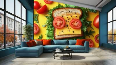 Colorful sandwich with lettuce, cheese, and cherry tomatoes on a vibrant background Wall mural