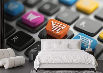 Colorful shopping cart keys on a computer keyboard represent online shopping trends and purchasing Wall mural