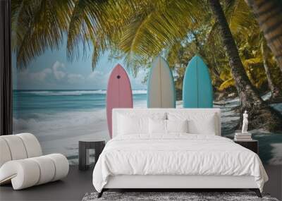 Colorful surfboards lined up on a sunny beach with palm trees and ocean waves in the background Wall mural