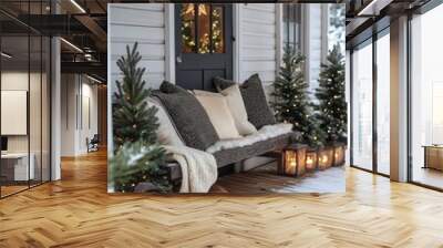 Cozy front porch decorated with lanterns and Christmas trees creating a festive winter atmosphere Wall mural