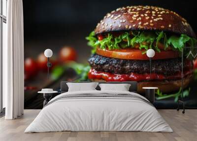 Delicious black burger buns with lettuce, tomato, and beef patties on a wooden board Wall mural