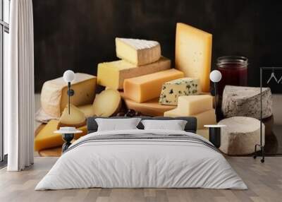 Different kinds of delicious cheese Illustration AI Generative. Wall mural