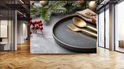 Elegant Holiday Table Setting With Gold Cutlery and Seasonal Decor Wall mural