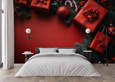 Festive arrangement of red gifts and ornaments on a red background during the holiday season Wall mural