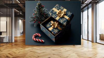 Festive gift box with gold ribbon and candy canes on a dark background during the holiday season Wall mural