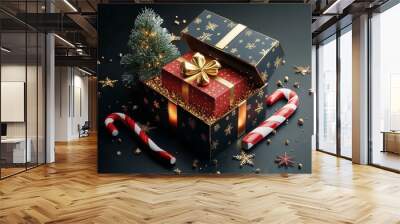 Festive gift box with gold ribbon and candy canes on a dark background during the holiday season Wall mural