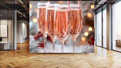 Festive sparkling drinks with candy canes near a Christmas tree during holiday celebrations Wall mural