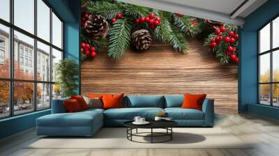 Festive winter arrangement with pinecones, red berries, and evergreen branches on wooden table Wall mural