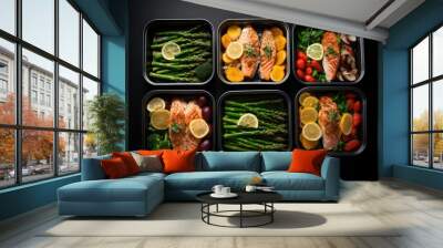 five trays with salmon, asparagus, vegetables and lemon on grey background Wall mural