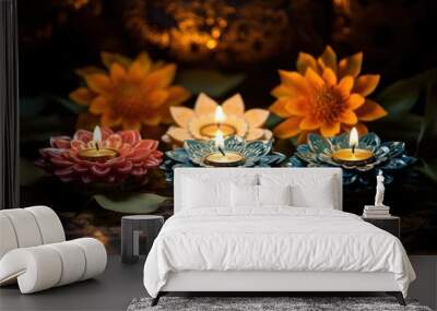 four diyas on a colorful backdrop with flowers and leaves, Wall mural