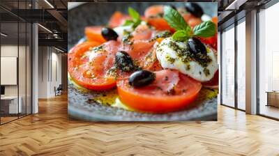 Fresh tomato salad with mozzarella and olives served on a rustic plate Wall mural