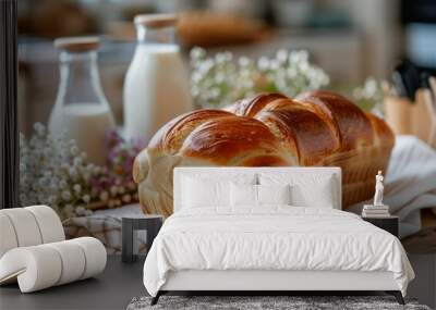 Freshly Baked Brioche Bread With Flowers and Milk Wall mural