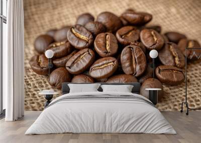 Freshly roasted coffee beans resting on burlap fabric ready for brewing in the morning light Wall mural