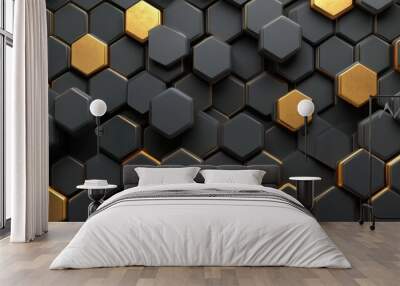 Geometric pattern of hexagons in black and gold on a textured surface with dramatic lighting Wall mural