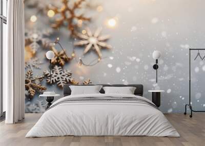 Glittering Snowflakes and Ornaments on a White Surface for Holiday Celebrations Wall mural