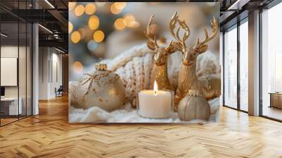 Gold Reindeer Figurines With Ornaments and Candles on a White Tablecloth for Christmas Wall mural