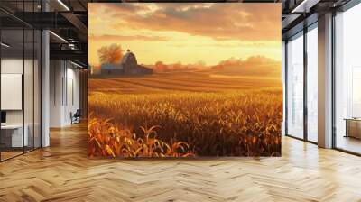 Golden Cornfield Sunrise Over Rural Farmhouse Wall mural