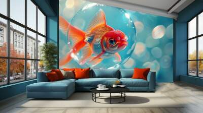 Goldfish Swimming in a Bubble in a Blue Tank Wall mural