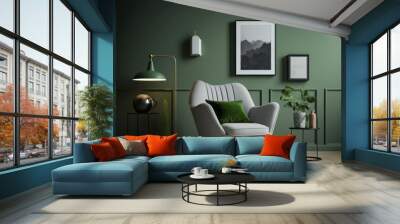 Green living room wall background with grey decorative. Illustration AI Generative Wall mural