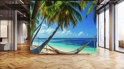 Hammock Between Two Palm Trees on Tropical Beach Wall mural