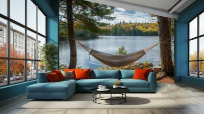 Hammock Hanging Between Two Trees by Lake Wall mural