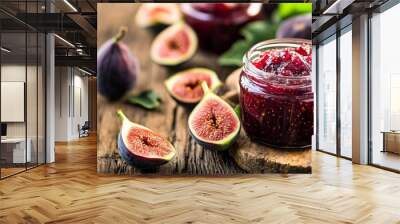 Homemade fig jam with fresh figs displayed on a rustic wooden table Wall mural