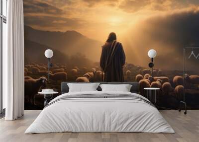 Jesus shepherding the sheep in evening sky Wall mural