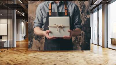 male wearing an apron holding a white box in brown paper Wall mural