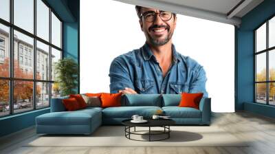 man smiling in glasses in front with arms crossed isolated on white Wall mural