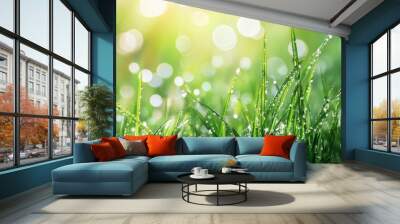 Morning dew glistening on fresh green grass in a sunlit garden Wall mural