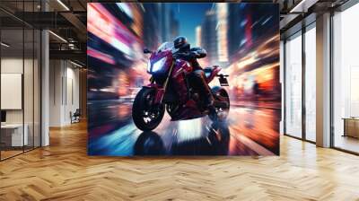 motorbike and lights on red background on modern city of hong kong, Wall mural