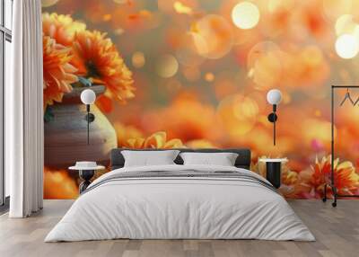 Orange Chrysanthemum Flowers in a Terracotta Pot on a Sunny Day Wall mural