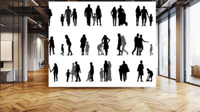 Parents and children with pram Silhouette Vector Illustration Wall mural