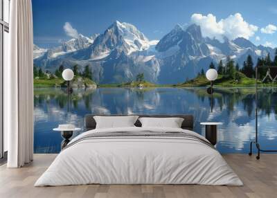 Picturesque Swiss Alps Lake Reflection On Sunny Day Wall mural