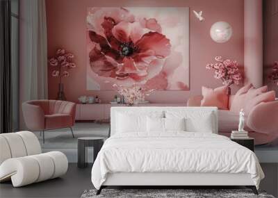 Pink Sectional Sofa and Poppy Flower Wall Art in a Modern Living Room Wall mural