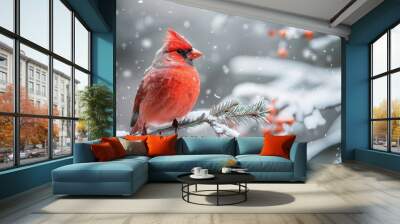 Red Bird Perched on Tree Branch Wall mural