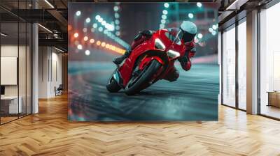 Red Motorcycle Rider Leaning Into a Turn on a Night Track Wall mural