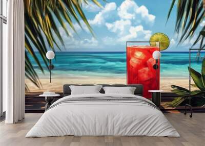 Refreshing tropical drink on a wooden table by the beach under bright sunny skies Wall mural