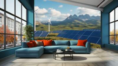 Renewable energy landscape featuring solar panels and wind turbines in a green mountainous area Wall mural