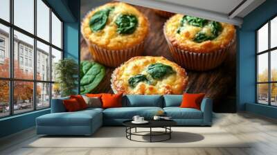 Savory spinach muffins with cherry tomatoes on a wooden board Wall mural