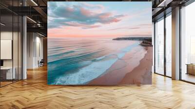 Serene Beachfront View at Morning With Surfers and Swimmers Enjoying the Waves Wall mural