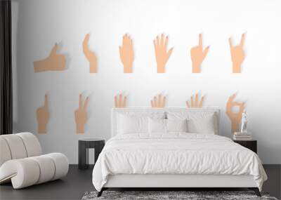 Set of Naturalistic Hand Silhouettes that show the numbers 0, 1, 2, 3, 4, 5 with flexion of the fingers. Vector Illustraion Wall mural