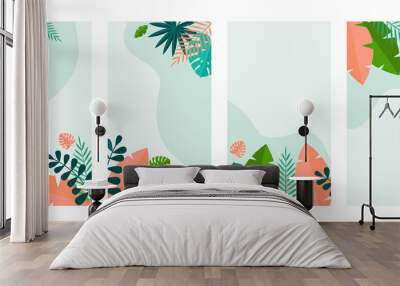 Simple Tropical Palm and Motstera Leaves Natural set Background. Vector Illustration Wall mural