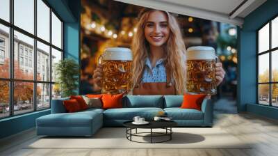 Smiling bartender serving two large mugs of beer in a rustic bar setting Wall mural