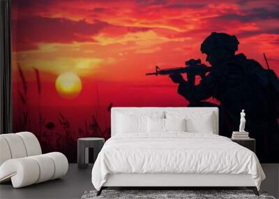 Soldier Silhouette at Sunset in Grassy Field Wall mural