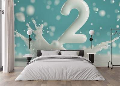 Splash of milk with the number two against a bright blue background Wall mural