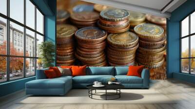 Stacks of Coins on Wooden Tabletop Wall mural