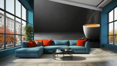 Steaming cup of coffee on a dark surface with a warm atmosphere in a cozy setting Wall mural