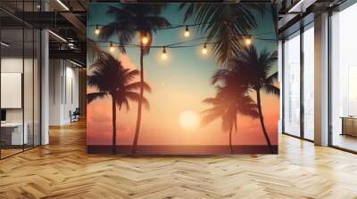 summer night party beach palms with light bulb garlands. large copyspace area, offcenter composition Wall mural